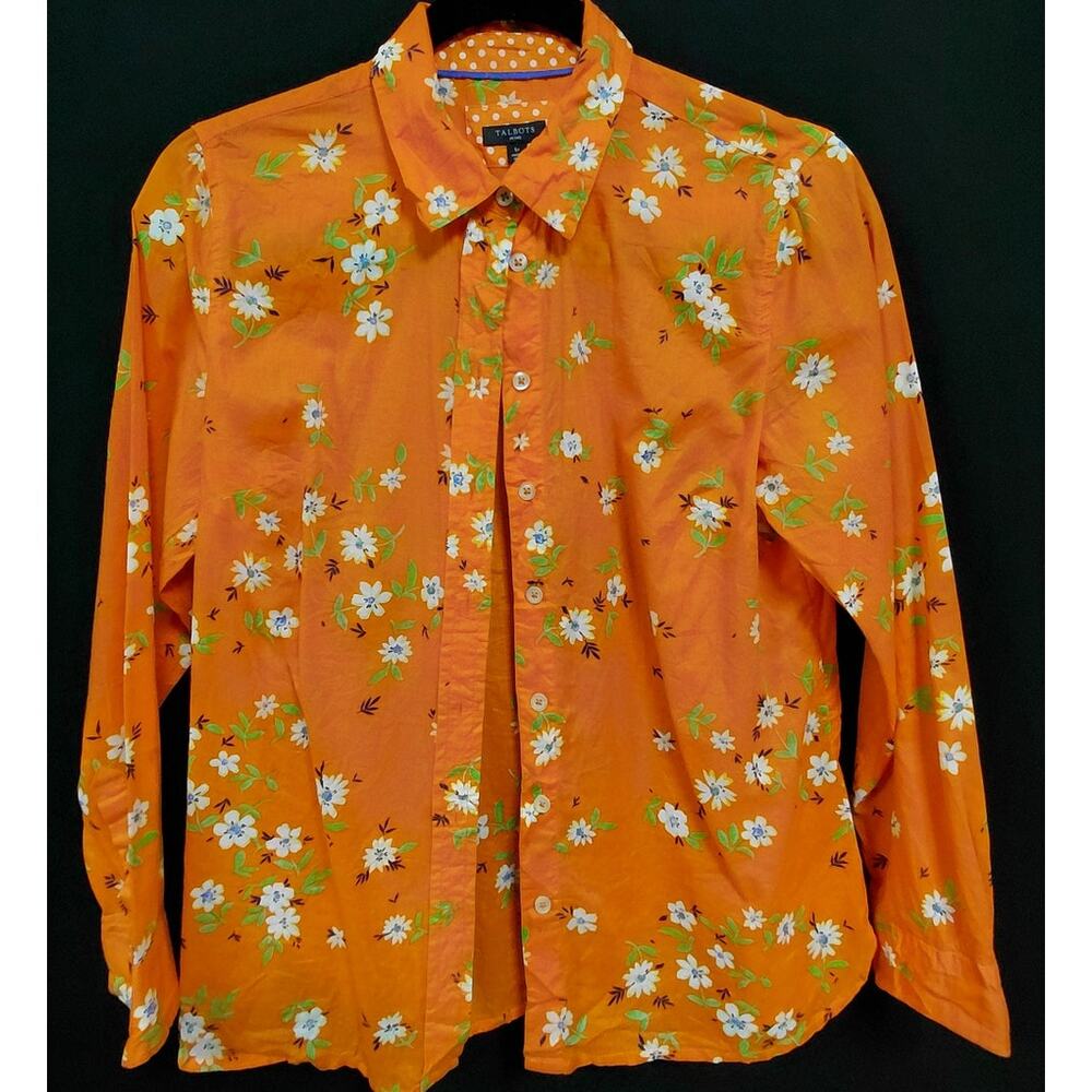 TALBOTS PETITE Floral Cotton Blouse Orange Long Sleeve Size 5P-See Measurements